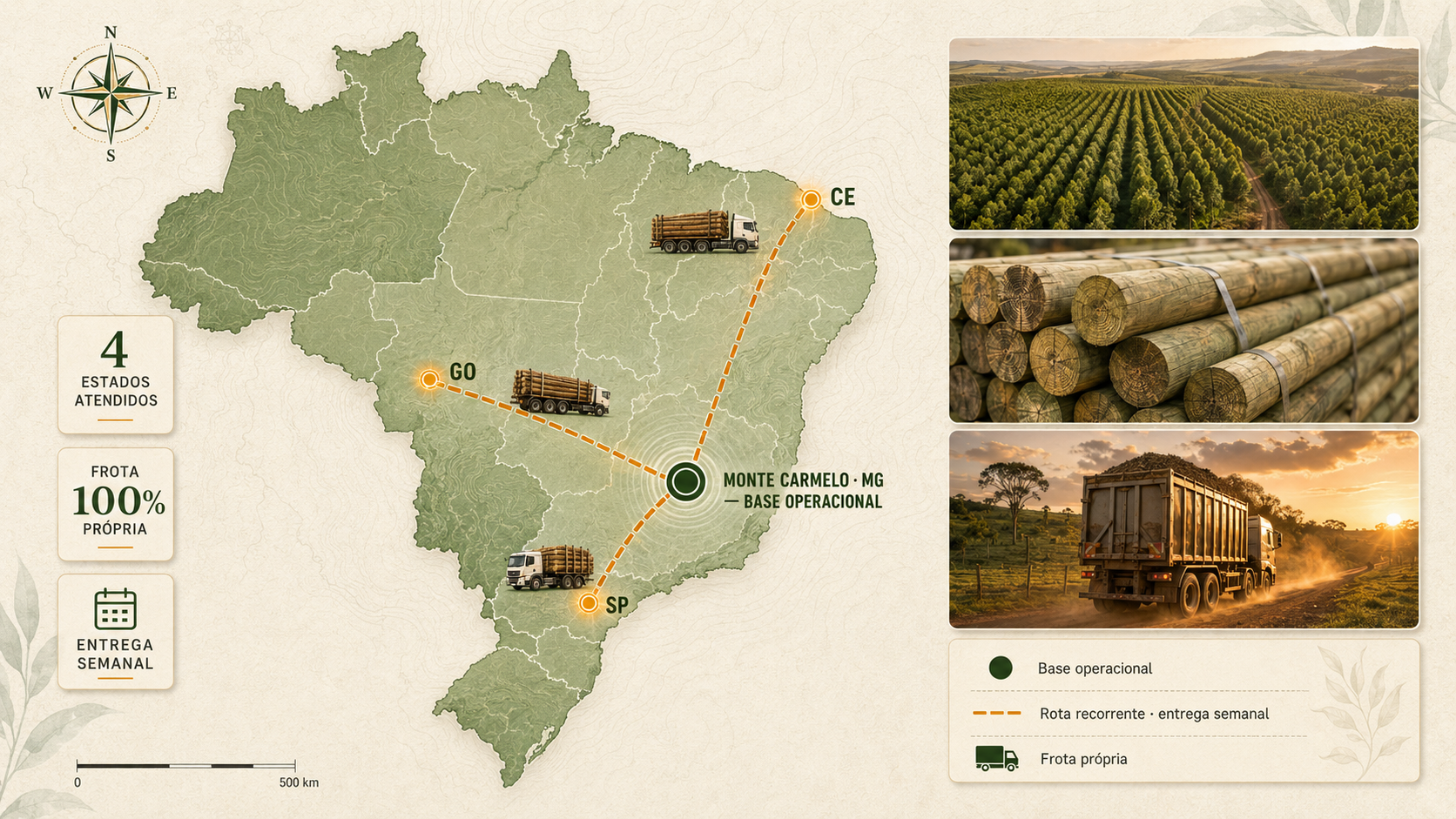 Mapa do Brasil com rotas de entrega da Kavaco saindo de Monte Carmelo (MG) para SP e GO